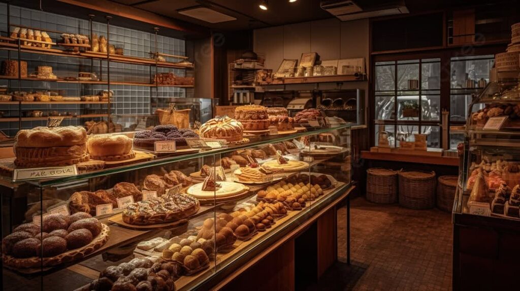 A bakery with lots of cakes,cookies